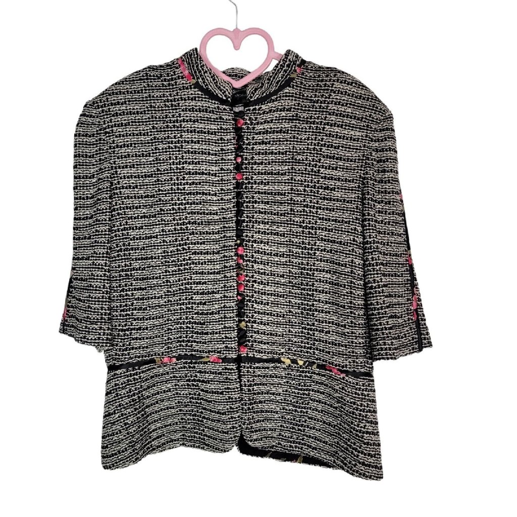 St John Knit Sweater Cardigan Wool Blend Floral Stripe 3/4 Sleeve Size 6 Vintage